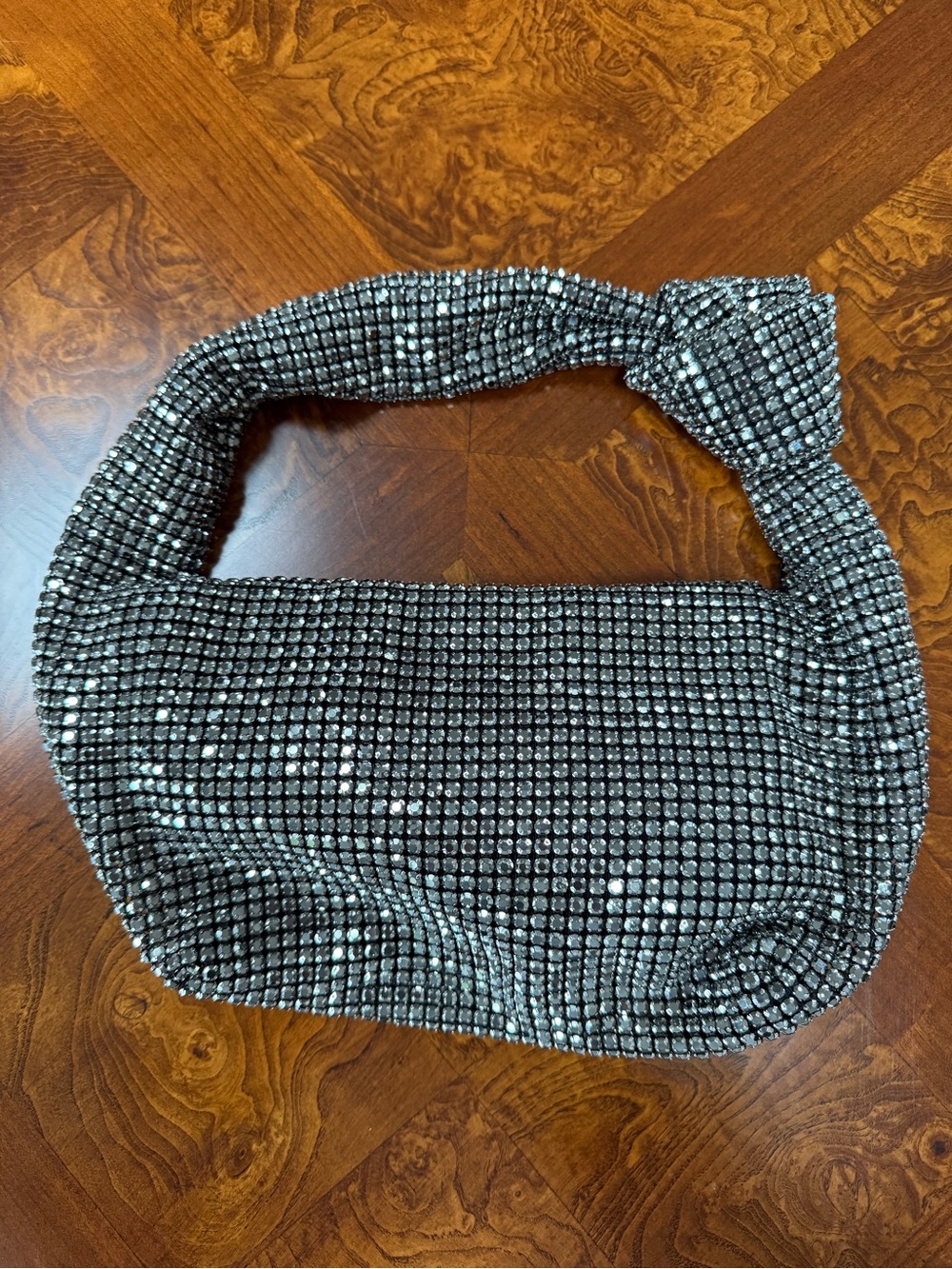 Crystal Mesh Knotted Handle Evening Bag - Black